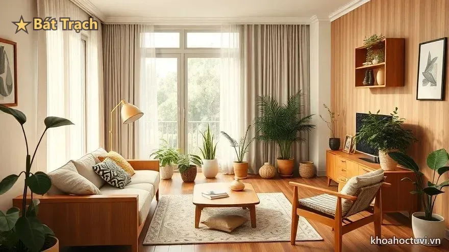 Phòng khách ấm cúng bố trí hài hòa với đồ gỗ, cây xanh và ánh sáng tự nhiên theo tinh thần phong thủy
