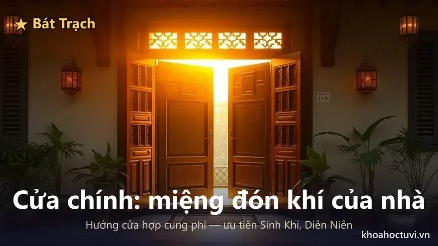Cửa chính nhà truyền thống mở rộng đón ánh sáng ban mai — nơi đón khí quan trọng nhất theo Bát Trạch