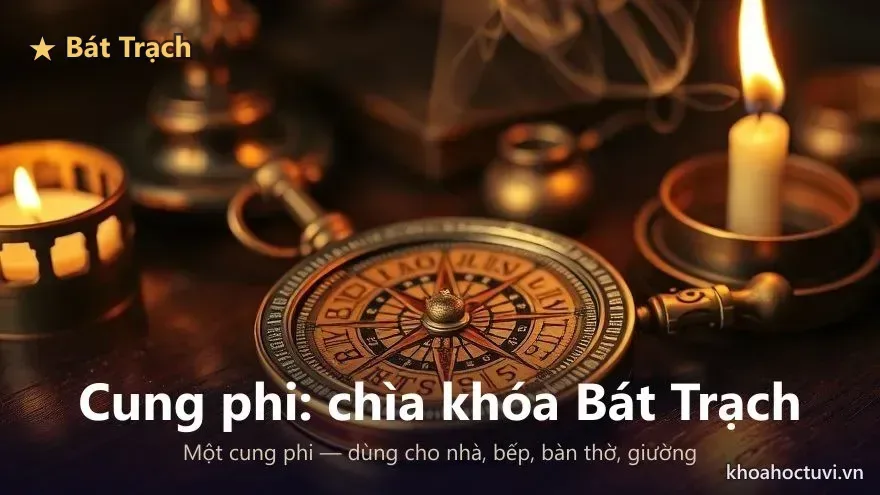 La bàn phong thủy cổ đặt trên bàn gỗ bên nến — cung phi là chìa khóa của mọi phép xem hướng Bát Trạch