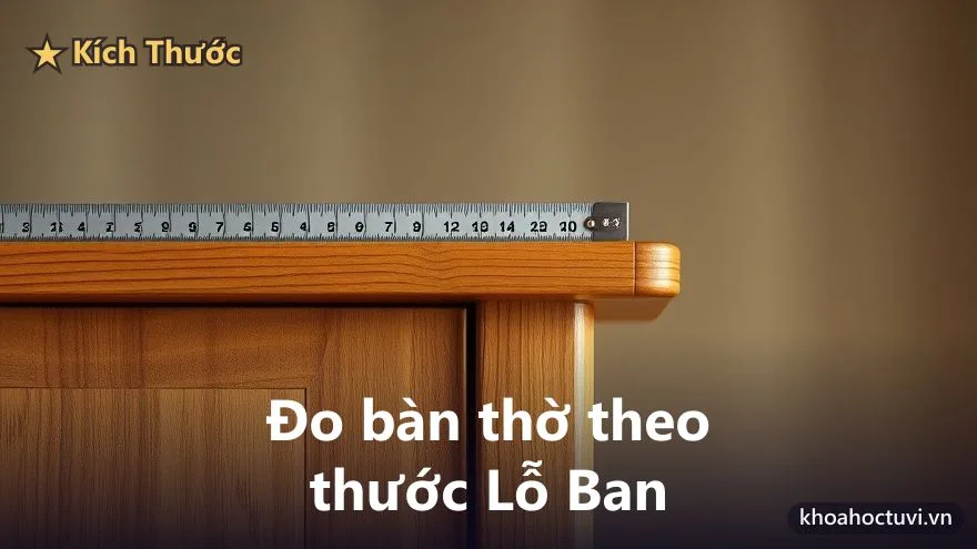 Cận cảnh thước cuộn thép đặt dọc theo cạnh trên của tủ thờ gỗ để đo kích thước