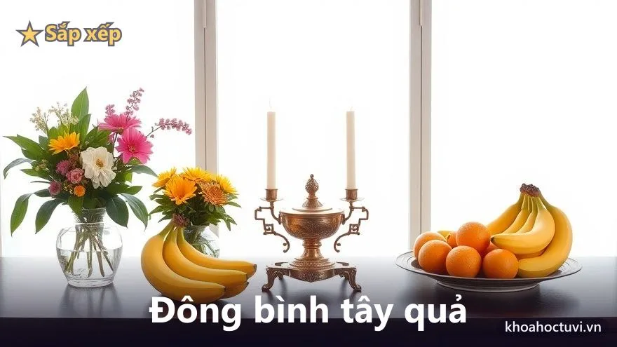 Bàn thờ với lọ hoa bên trái, đĩa quả bên phải, lư hương và nến ở giữa