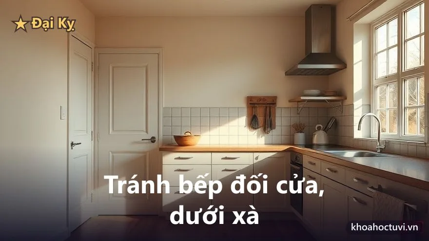 Gian bếp gọn gàng với bếp nấu kê sát tường vững, cách xa cửa và cửa sổ, bố cục an toàn
