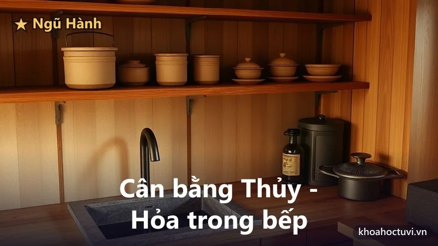 Chi tiết gian bếp với kệ gỗ đựng hũ sành, chậu rửa nước phía dưới và bếp lửa gần đó tách nhau qua mặt bàn gỗ