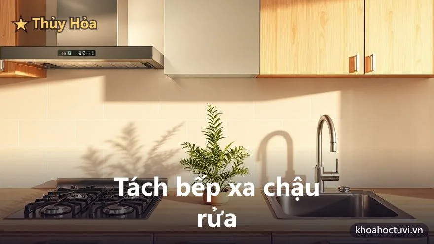 Bếp gas và chậu rửa đặt cách nhau, có chậu cây xanh ở giữa làm trung gian