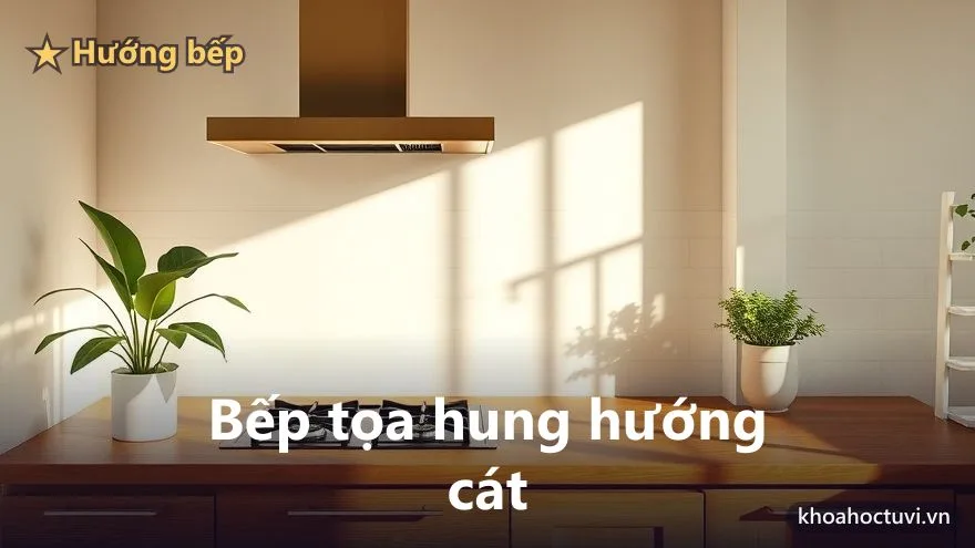 Gian bếp hiện đại với bếp gas trên mặt đá, ánh sáng ấm, cây xanh