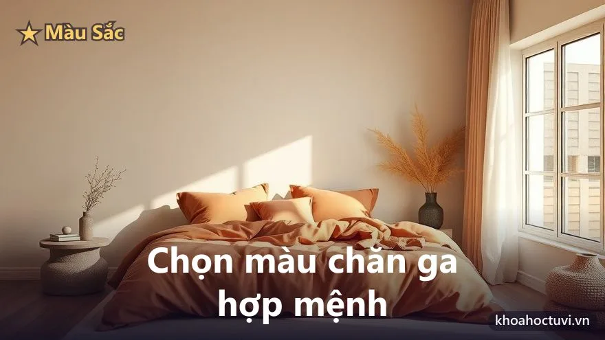Phòng ngủ ấm cúng với chăn ga gối tông đất nâu - cam hài hòa, ánh sáng dịu