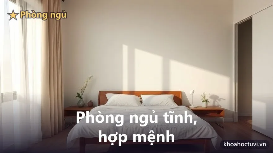 Phòng ngủ tối giản, yên tĩnh, ánh sáng dịu lúc bình minh, giường gọn gàng