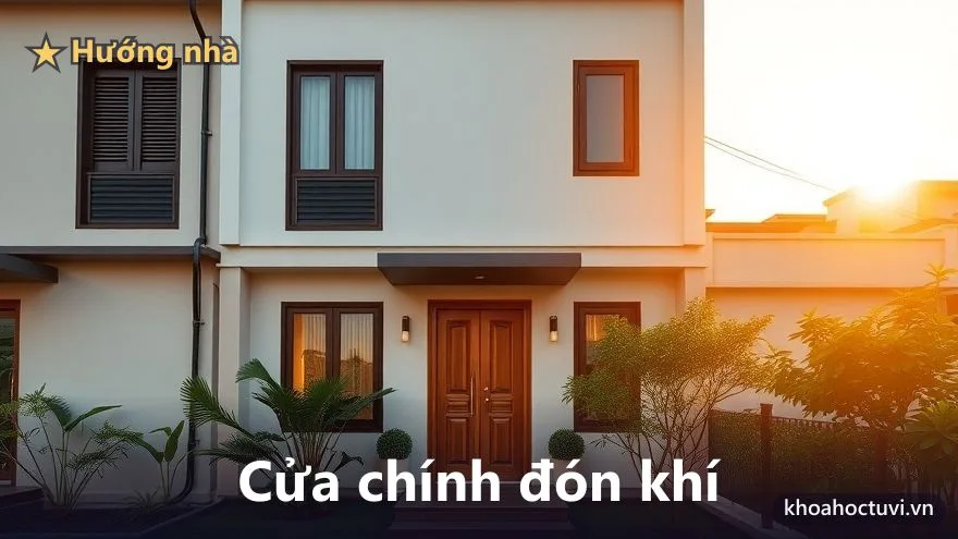Mặt tiền nhà phố Việt Nam giờ hoàng hôn với cửa chính bằng gỗ ở chính giữa