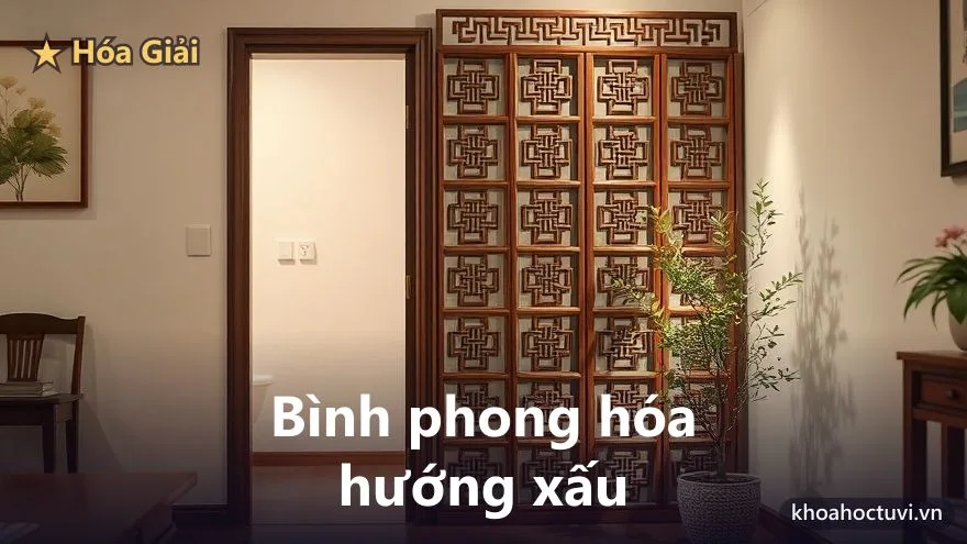 Tấm bình phong gỗ chạm lưới và chậu cây nhỏ đặt cạnh lối cửa trong nhà, dùng để hóa giải hướng xấu