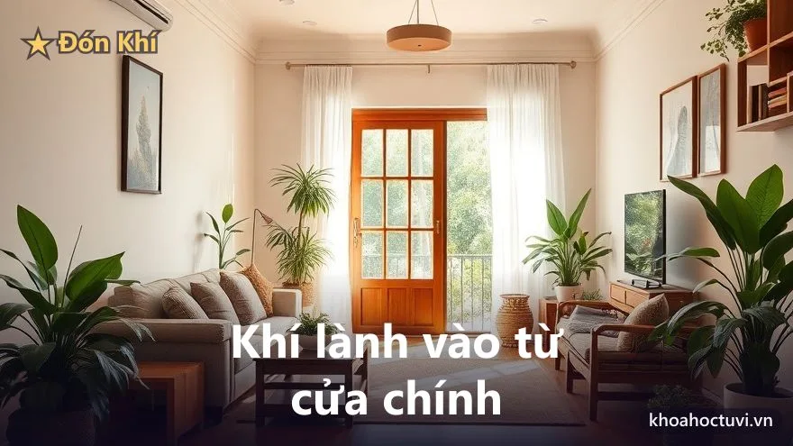 Phòng khách sáng sủa với dòng ánh sáng và không khí tràn vào từ cửa chính, nhiều cây xanh