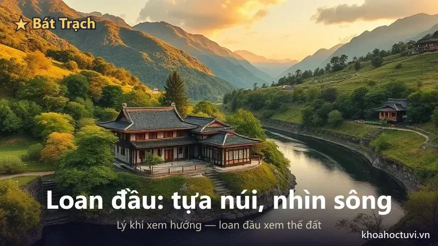 Ngôi nhà truyền thống tựa lưng vào núi, mặt nhìn ra sông uốn khúc — thế đất loan đầu lý tưởng trong phong thủy