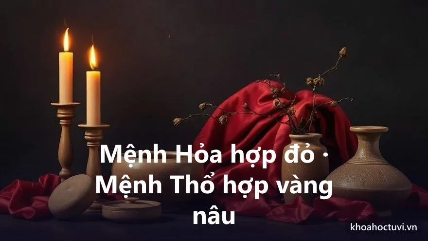 Tĩnh vật tông đỏ cam và vàng nâu đất với nến ấm và gốm đất cho mệnh Hỏa và mệnh Thổ