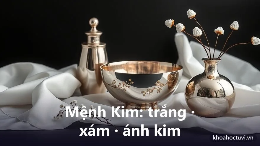Tĩnh vật tông trắng bạc ánh kim với đồ kim loại và vải trắng cho mệnh Kim