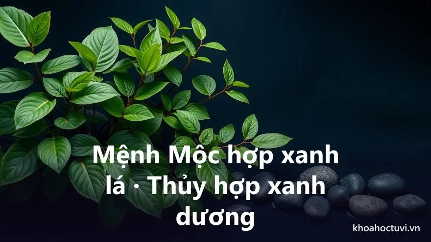 Tĩnh vật tông xanh lá và xanh dương với cây lá và mặt nước cho mệnh Mộc và mệnh Thủy