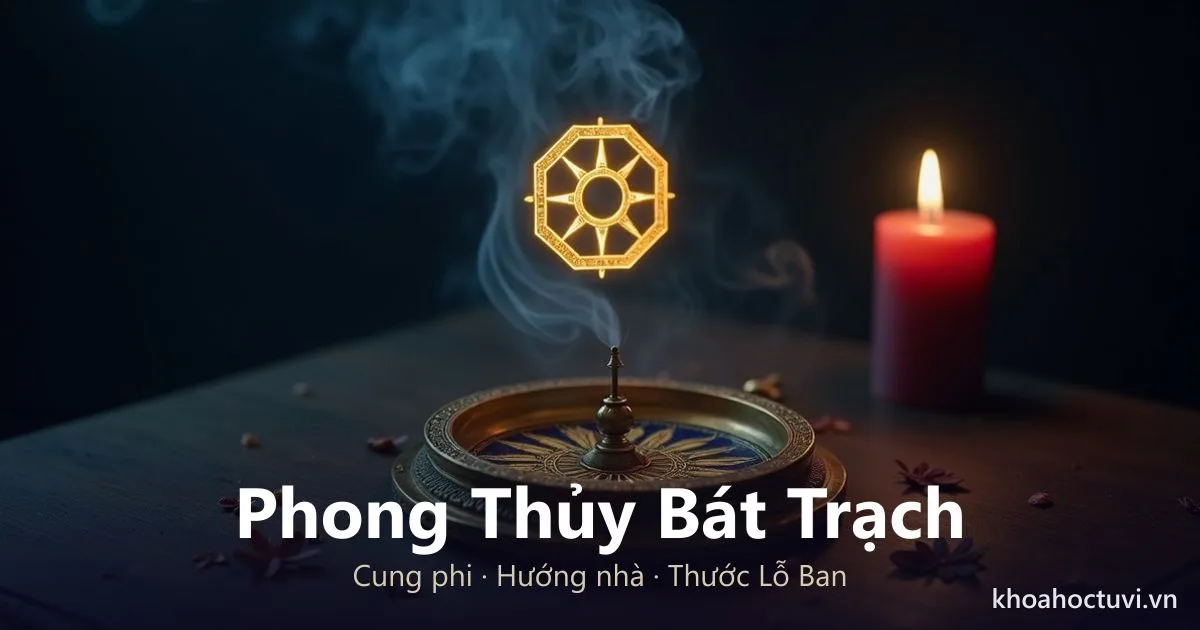 La bàn phong thủy bằng đồng trên bàn gỗ, bát quái vàng phát sáng giữa khói hương và ánh nến