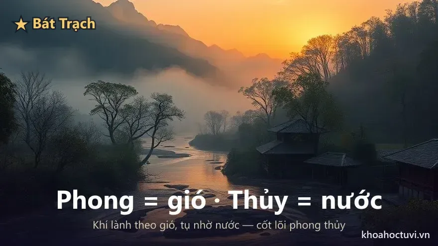 Núi, sông và nếp nhà truyền thống trong sương sớm — hình ảnh gió và nước, cội nguồn tên gọi phong thủy