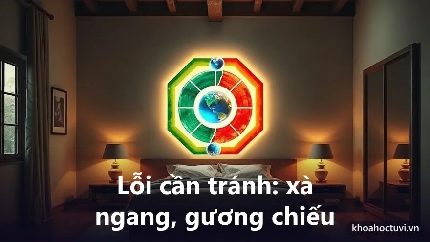 Minh họa các lỗi phong thủy phòng ngủ cần tránh như giường dưới xà ngang và gương chiếu thẳng giường