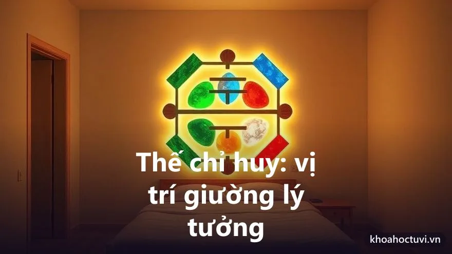 Minh họa thế chỉ huy khi kê giường theo phong thủy: nằm thấy cửa nhưng không đối thẳng cửa, đầu giường tựa tường đặc