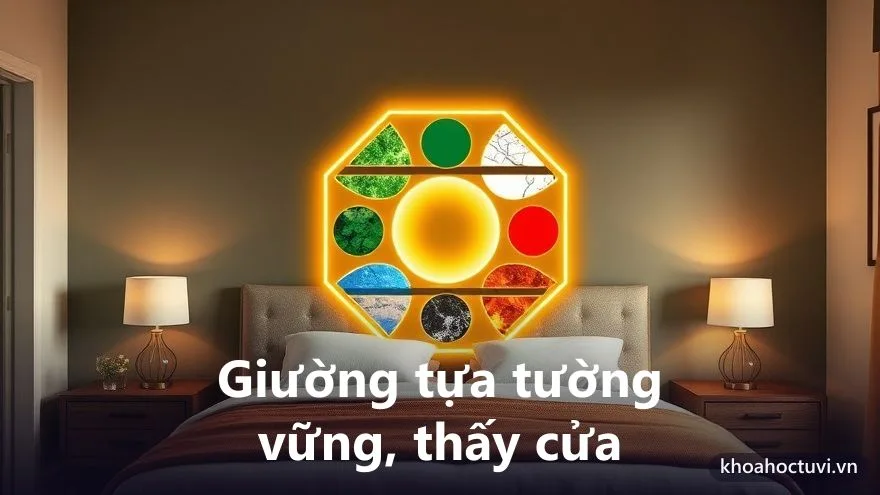 Một phòng ngủ gọn gàng, ấm áp với giường tựa lưng vào tường vững, minh họa phong thủy phòng ngủ tốt cho giấc ngủ sâu