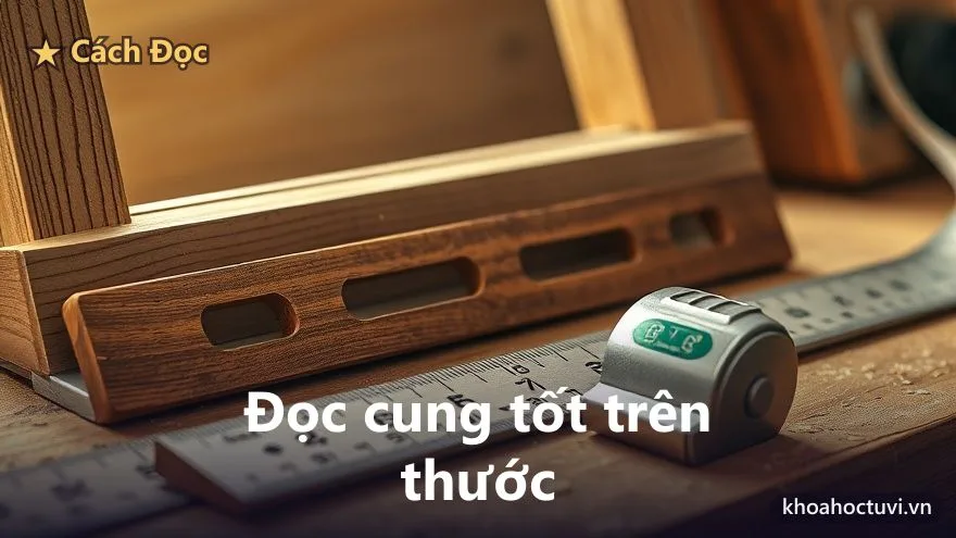 Cận cảnh thước gỗ gập và thước cuộn thép trên bàn thợ mộc bên cạnh khung gỗ
