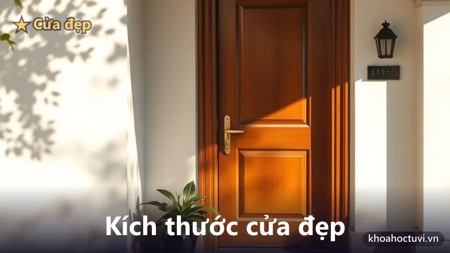 Cửa gỗ đẹp với tay nắm đồng, nắng ấm và bóng lá trên tường bên cạnh