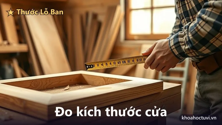 Người thợ dùng thước cuộn đo khung cửa gỗ trên bàn mộc