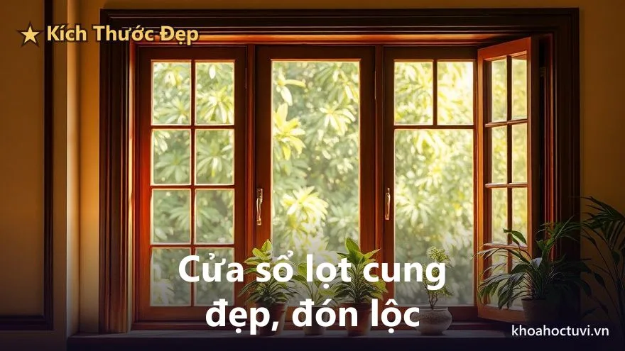 Cửa sổ khung gỗ đẹp trong không gian ấm nắng, tỷ lệ cân đối, cây xanh trên bệ cửa