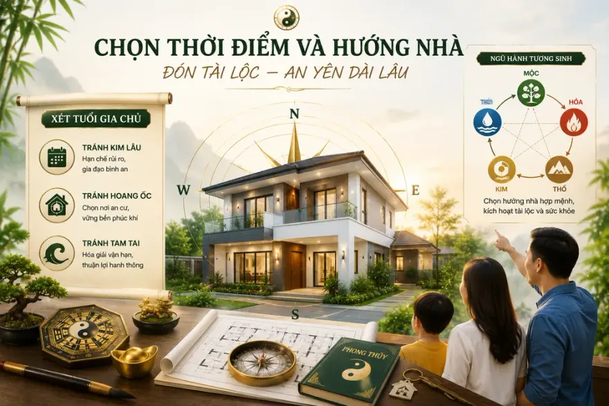 Chọn hướng nhà hợp mệnh và xét tuổi gia chủ — Kim Lâu, Hoang Ốc, Tam Tai, ngũ hành tương sinh