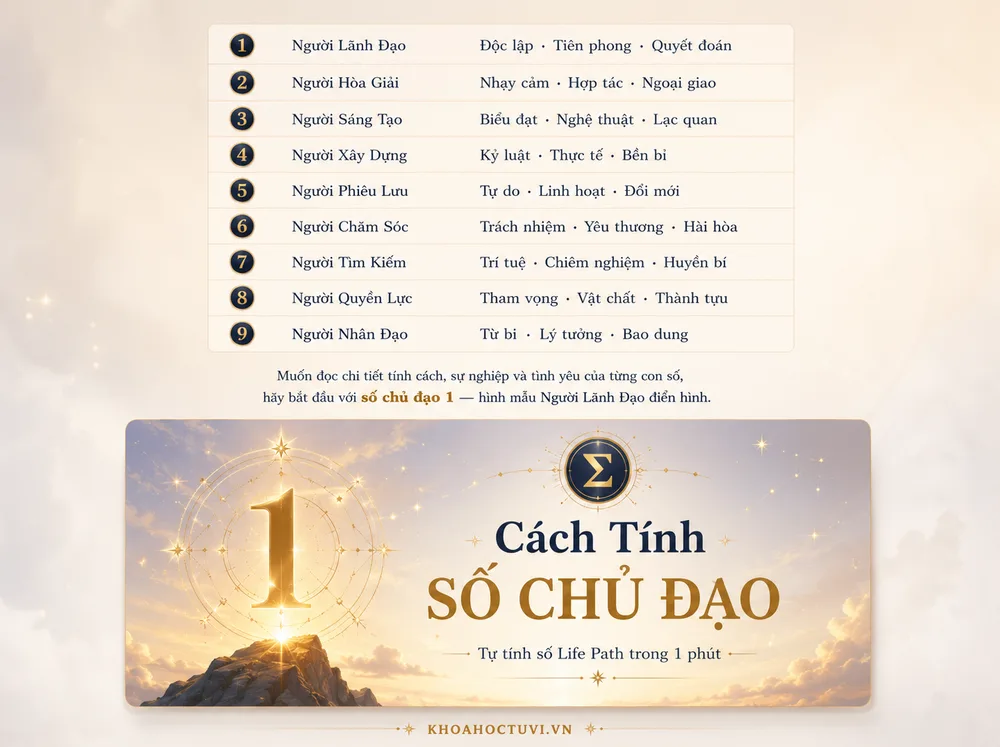Bảng ý nghĩa số chủ đạo 1 đến 9 trong thần số học