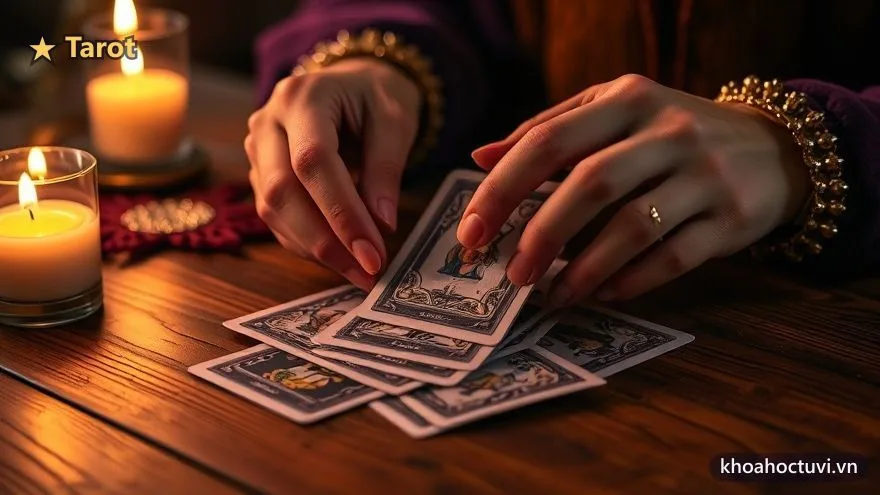 Cách trải bài Tarot: đôi tay xáo bộ bài Rider-Waite bên ánh nến