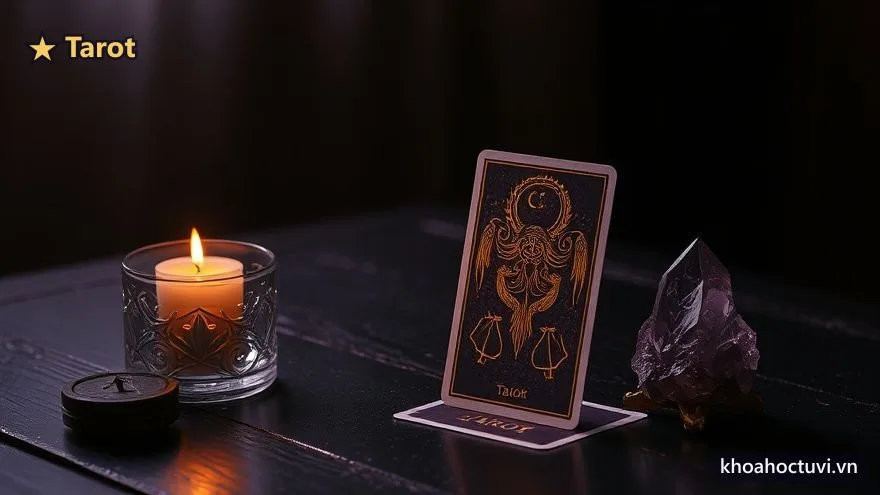 Một lá bài Tarot dựng bên nến và pha lê tím, không gian trải bài tình yêu