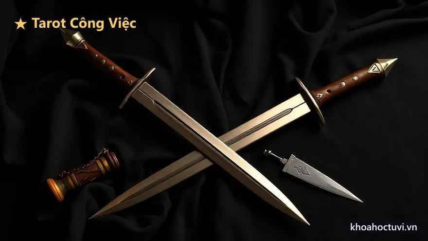 Bộ lá Gậy và Kiếm Tarot với biểu tượng đuốc lửa và lưỡi kiếm, hai chất chủ đạo của chủ đề công việc