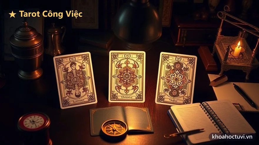 Trải bài tarot công việc ba lá cho hai lựa chọn nghề nghiệp trên bàn làm việc dưới ánh đèn ấm