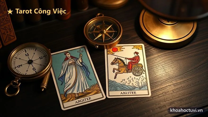 Tarot công việc — lá Nhà Ảo Thuật và Cỗ Xe trải trên bàn gỗ bên la bàn, biểu tượng năng lực và tiến tới trong sự nghiệp