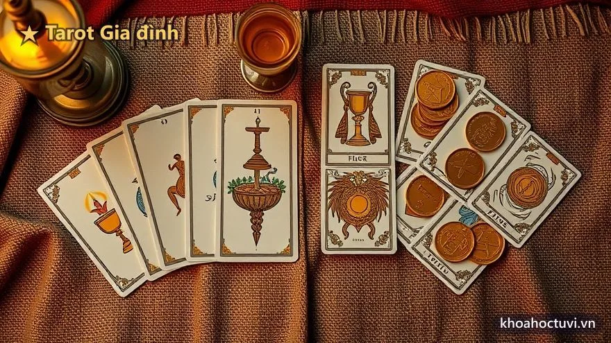 Bộ lá Cốc và bộ lá Tiền Tarot đặt cạnh nhau, hai sân nhà của chủ đề gia đình là tình thân và tổ ấm vật chất