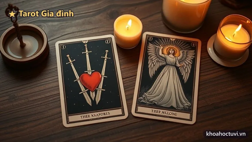 Lá Ba Kiếm và lá Phán Xét trong bói tarot gia đình, biểu tượng tổn thương và sự tha thứ để hàn gắn tình thân