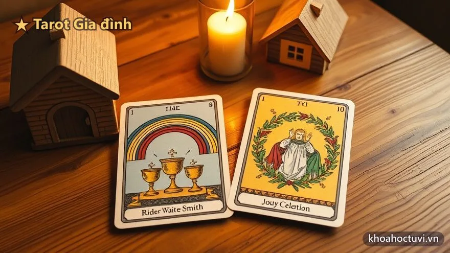 Bói bài tarot gia đình — lá Mười Cốc và Bốn Gậy trải trên bàn gỗ ấm bên mái nhà nhỏ, biểu tượng gia đạo hòa thuận