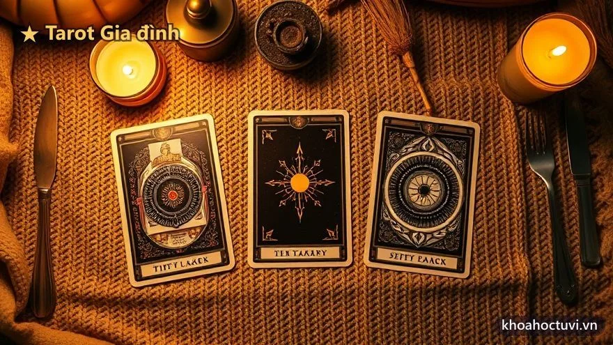 Trải bài tarot gia đình ba lá Tôi – Người thân – Giữa hai bên bày trên khăn ấm dưới ánh đèn vàng