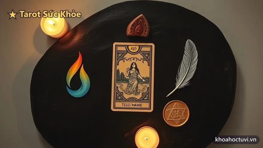Bốn biểu tượng nguyên tố Lửa Nước Khí Đất quanh lá Tarot, minh họa sức khỏe toàn diện thân tâm