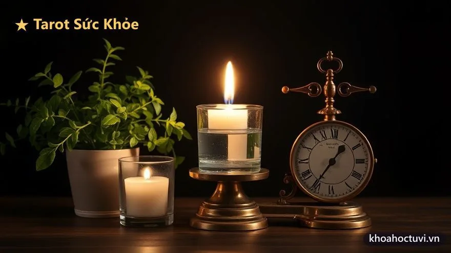 Cân đồng thăng bằng nâng chén nước bên nến và chậu cây xanh, minh họa cân bằng thân tâm trong tarot sức khỏe