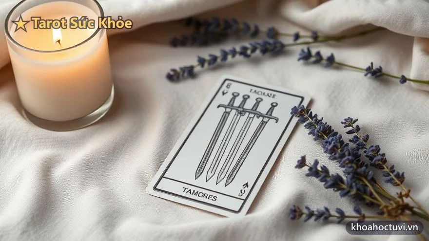 Lá Bốn Kiếm trong bói tarot sức khỏe, biểu tượng nghỉ ngơi và tĩnh dưỡng dưới ánh nến êm
