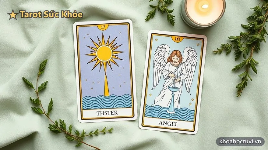 Tarot sức khỏe — lá Ngôi Sao và Tiết Độ trải trên khăn xanh dịu, biểu tượng hồi phục và cân bằng thân tâm
