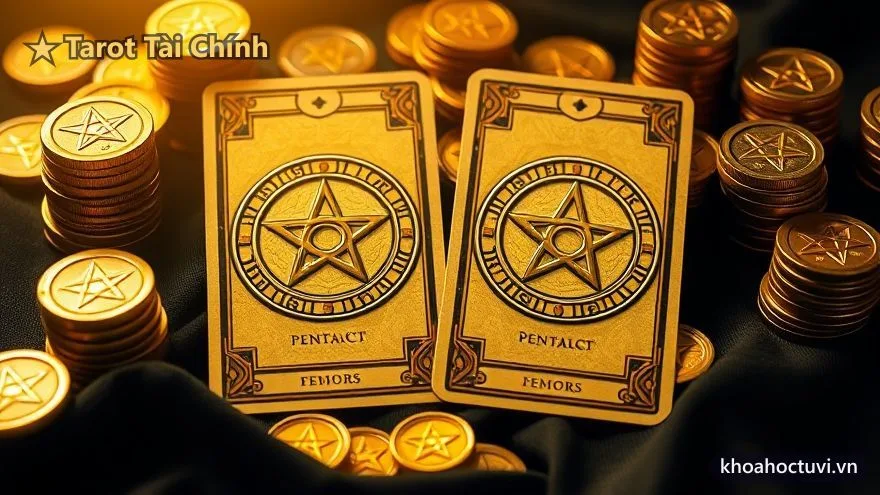 Tarot tài chính — lá Ách Tiền và Mười Tiền trải trên bàn bên đồng xu vàng, biểu tượng cơ hội và thịnh vượng bền vững