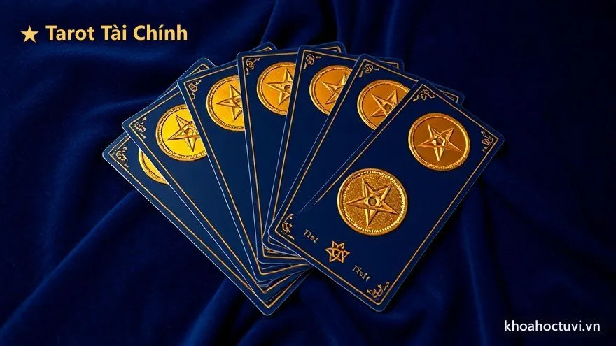 Bộ lá Tiền Tarot với biểu tượng đồng xu khắc ngôi sao năm cánh, sân nhà của chủ đề tài chính và tiền bạc