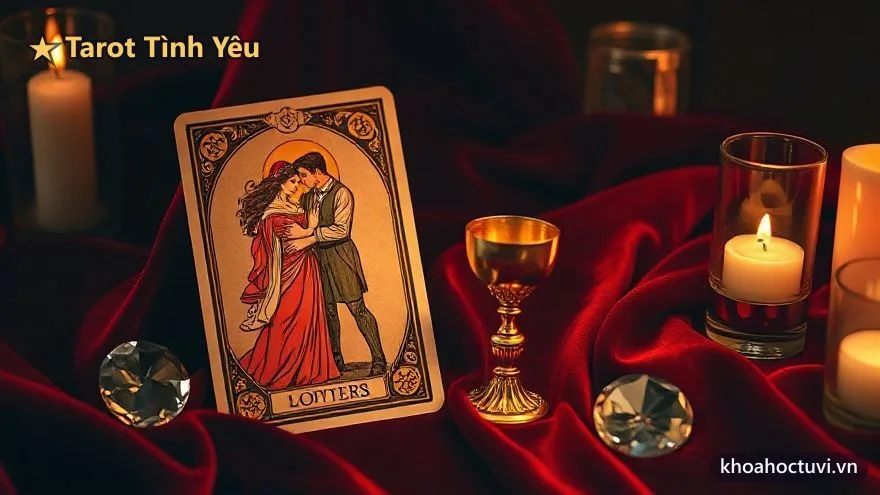 Bói bài tarot tình yêu — lá Hai Cốc và Người Yêu trải trên khăn nhung đỏ dưới ánh nến, biểu tượng duyên đôi lứa