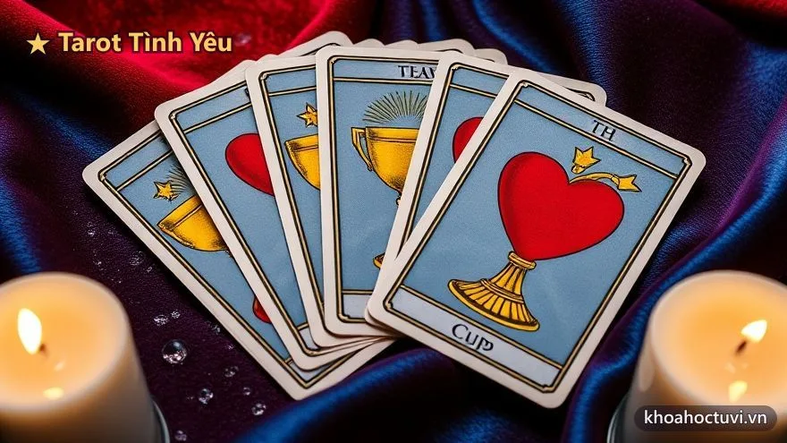Bộ lá Cốc Tarot với biểu tượng chén nước và trái tim, sân nhà của chủ đề tình yêu và cảm xúc