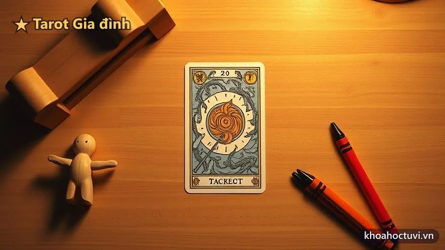 Một lá bài Tarot đặt bên cạnh món đồ chơi gỗ của trẻ trên bàn ấm, biểu tượng cha mẹ chiêm nghiệm về con cái