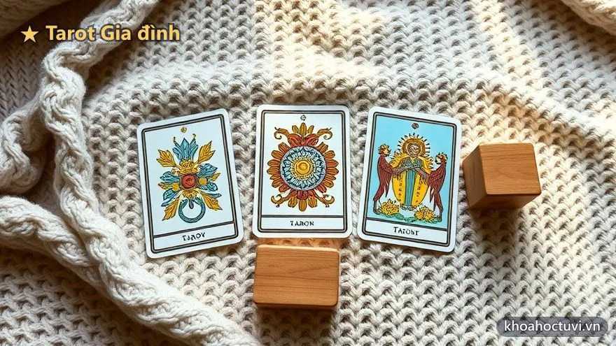 Ba lá bài Tarot xếp hàng trên khăn ấm bên đồ chơi trẻ em, minh họa cách trải bài về chủ đề con cái