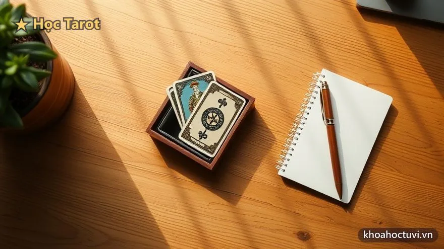 Một bộ bài Tarot, cuốn sổ tay và cây bút đặt trên bàn gỗ ấm, dụng cụ cơ bản để bắt đầu học Tarot