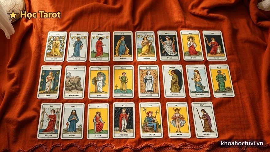 Bộ 22 lá Ẩn Chính Tarot xếp gọn trên khăn, minh họa bước làm quen từng lá cho người mới học